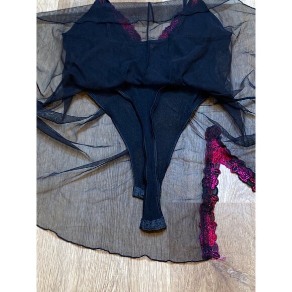 90s/Y2K Fredricks of Hollywood Black Sheer Babydoll Lingerie With Bright Pink Fl - Picture 5 of 9